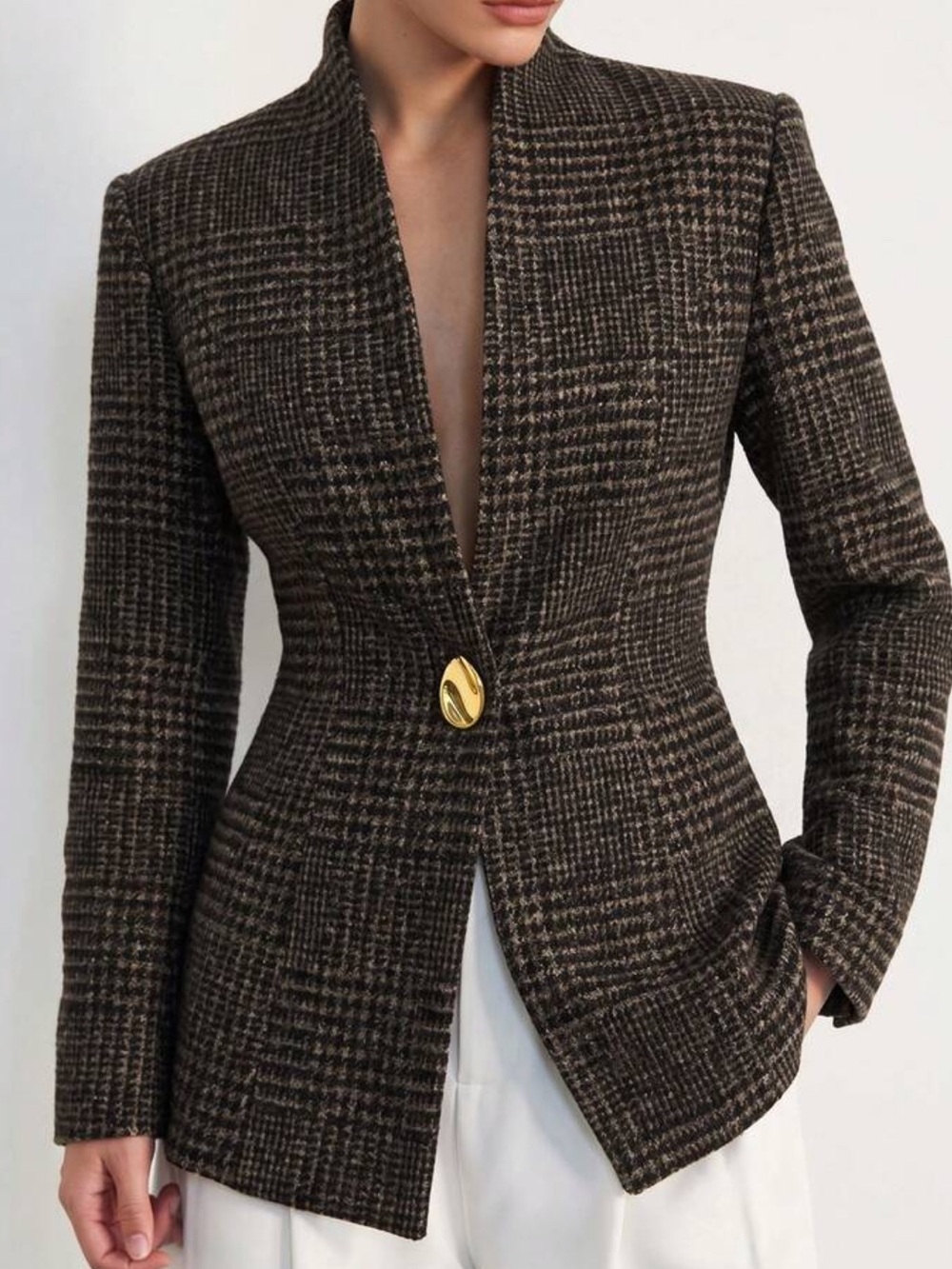 Women's Blazer Broad Shoulder Slim Fit Tweed-Like Brown Plaid
